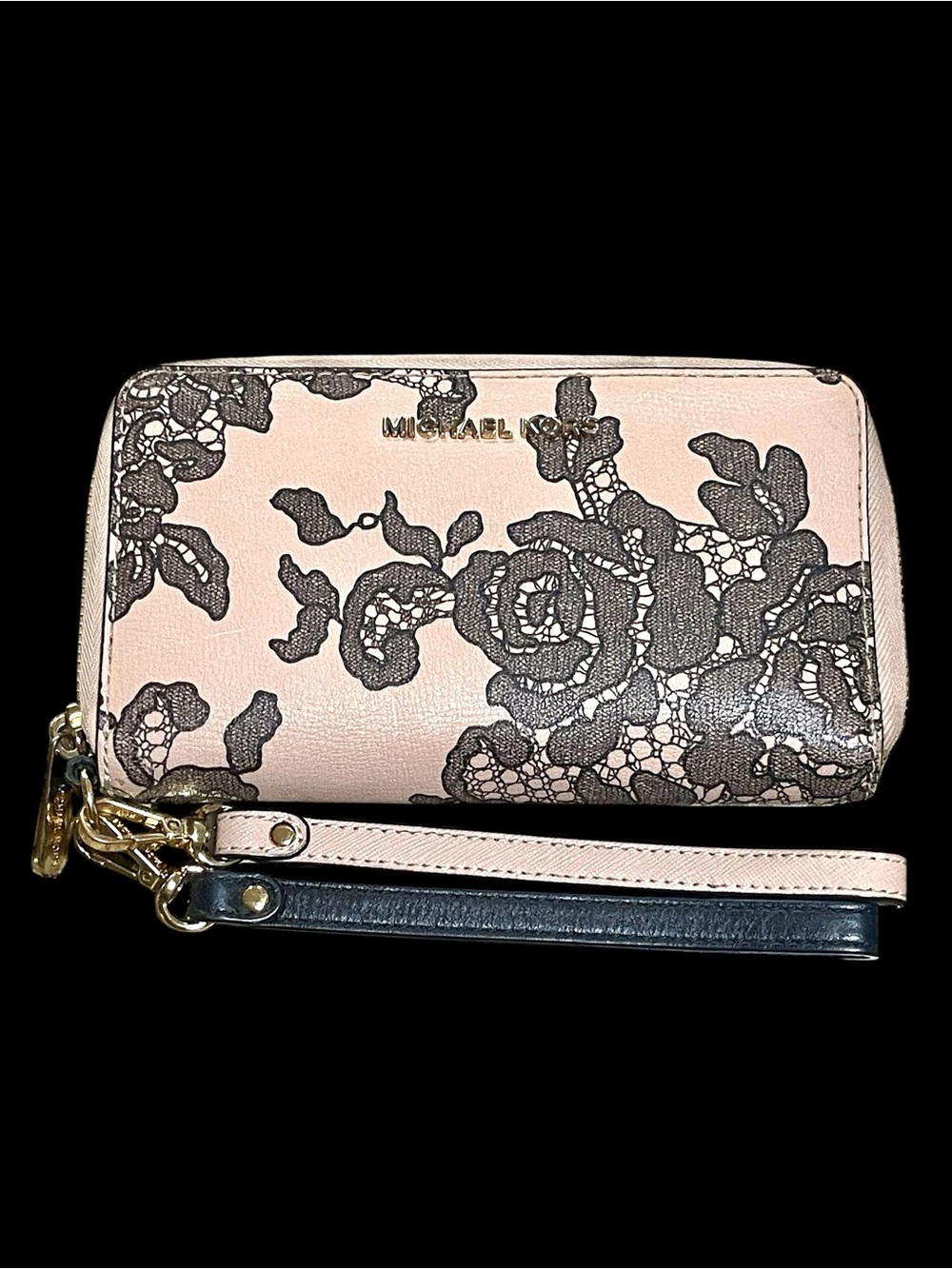 Michael Kors taupe accordion zip around wallet with black lace flower design